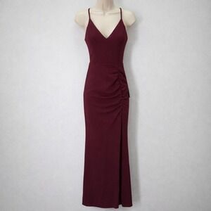 Lulus Dress Womens XS Burgundy Red Maxi Bodycon Ruched V Neck Slit Formal Gown